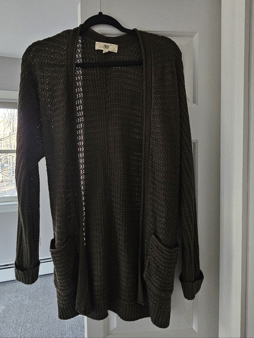 Olive Green Open-Front Knit Cardigan Sweater